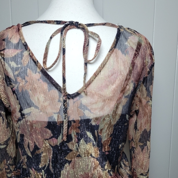 SALE NWT Brannan Metallic Floral Peplum Blouse Long Sheer Sleeve Tie Back M - Picture 9 of 13